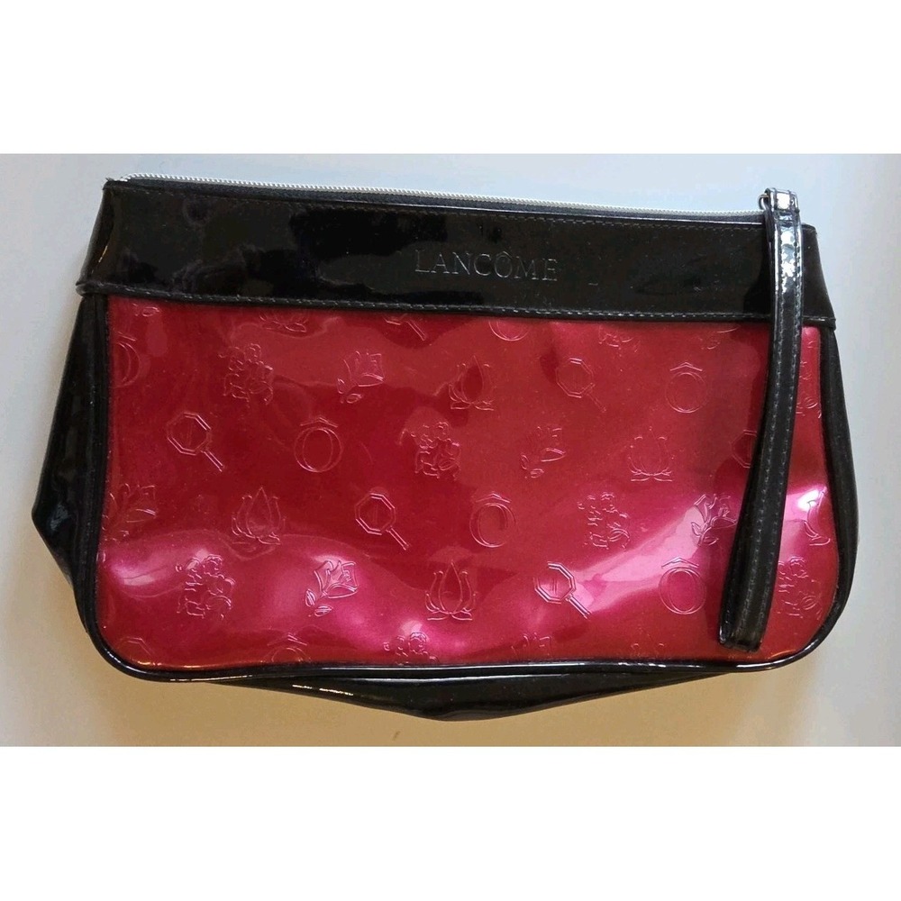 Lancome Engraved Dark Red And Black Colorblock Logo Strap Zip Makeup/Travel Bag